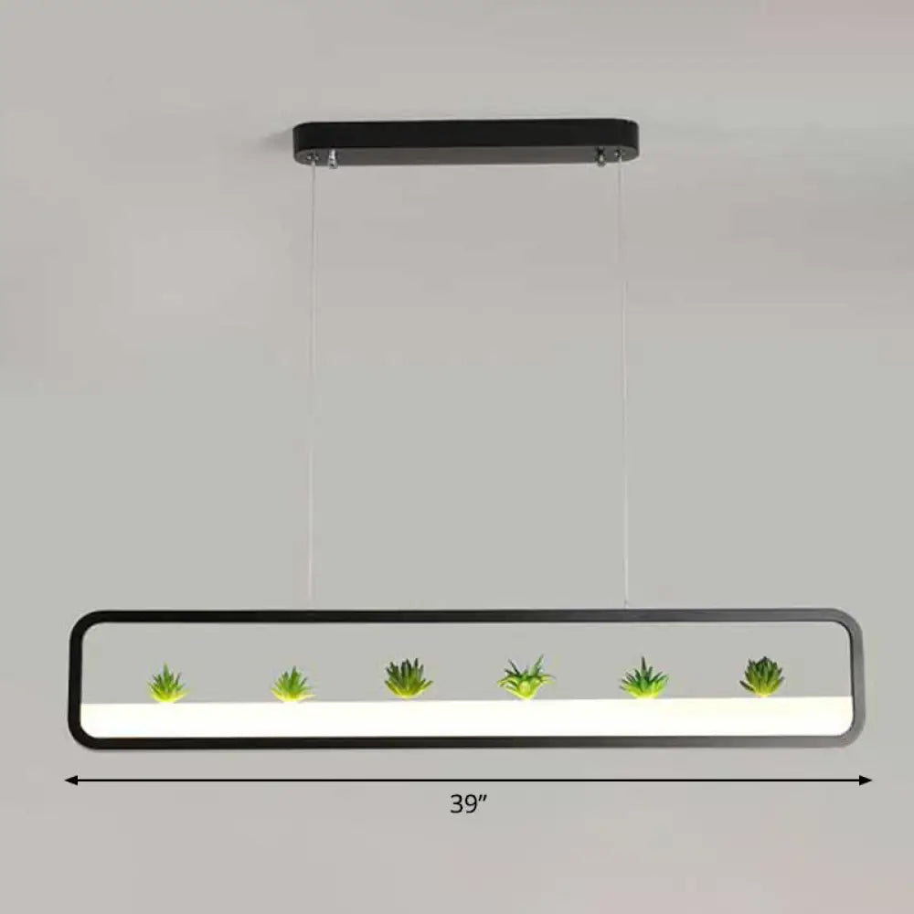 Metal Led Hanging Light For Restaurants: Artistic Rectangle Island Lamp With Imitation Succulents