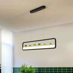 Metal Led Hanging Light For Restaurants: Artistic Rectangle Island Lamp With Imitation Succulents