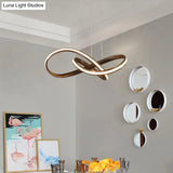 Metal Led Pendant Lamp - Twisted Strip Design For Bedroom Chandelier In Coffee Color