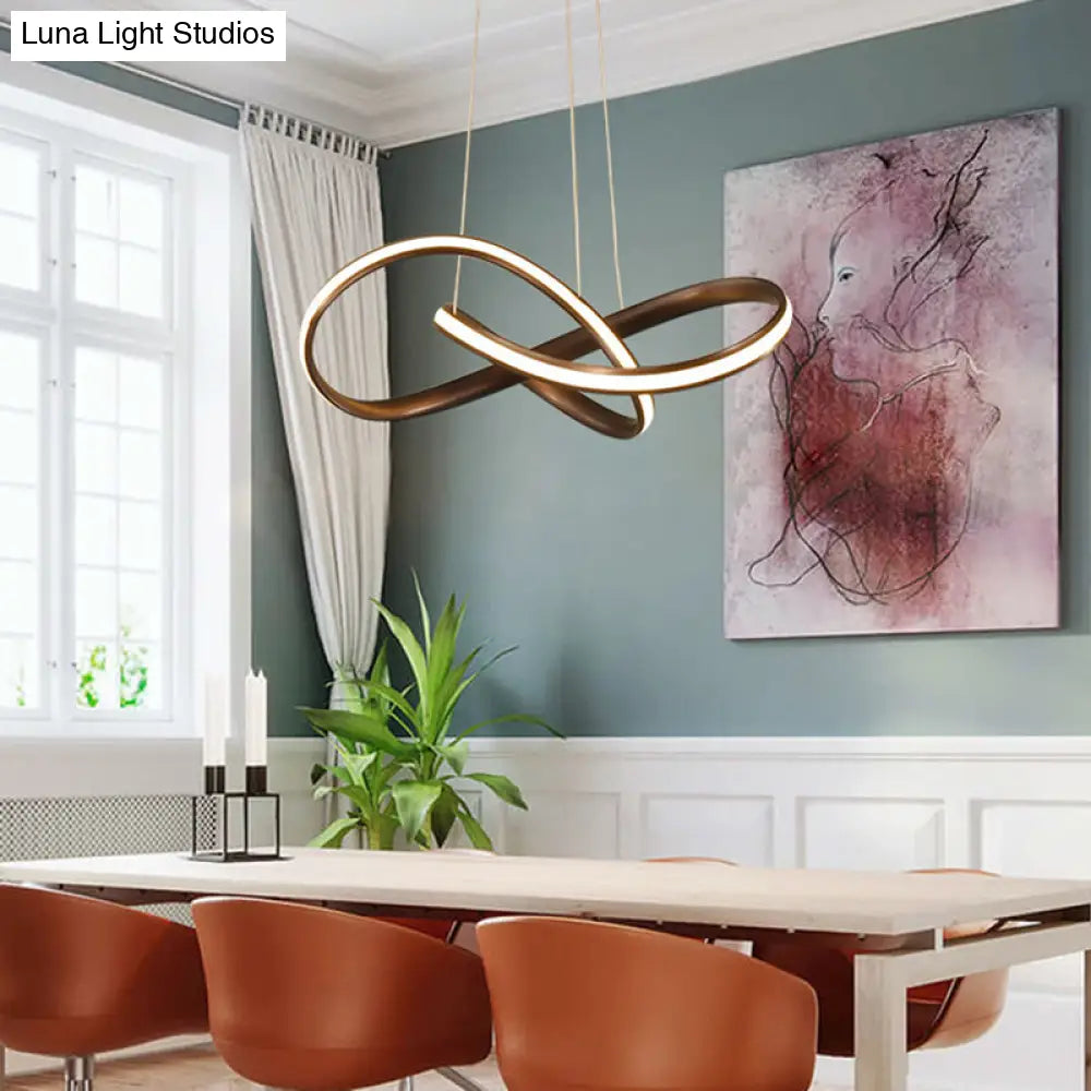 Metal Led Pendant Lamp - Twisted Strip Design For Bedroom Chandelier In Coffee Color
