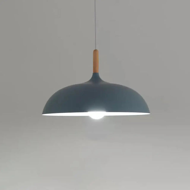 Modern Metal Macaron Dome Hanging Lamp - Dining Room Pendant Light With Wood Accent