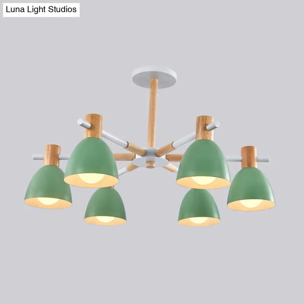 Metal Macaron Style Bell-Shaped Chandelier With Wood Accents: Stylish Ceiling Hang Light For Living