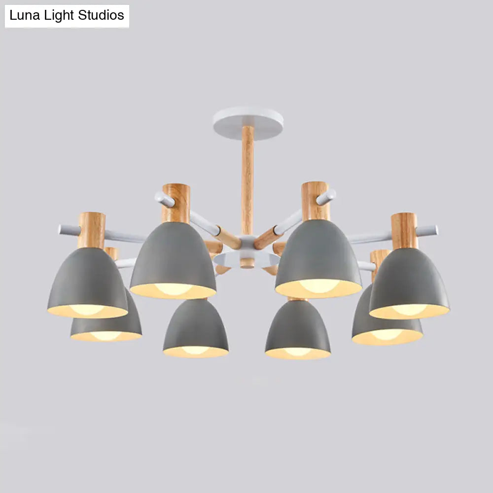 Metal Macaron Style Bell-Shaped Chandelier With Wood Accents: Stylish Ceiling Hang Light For Living