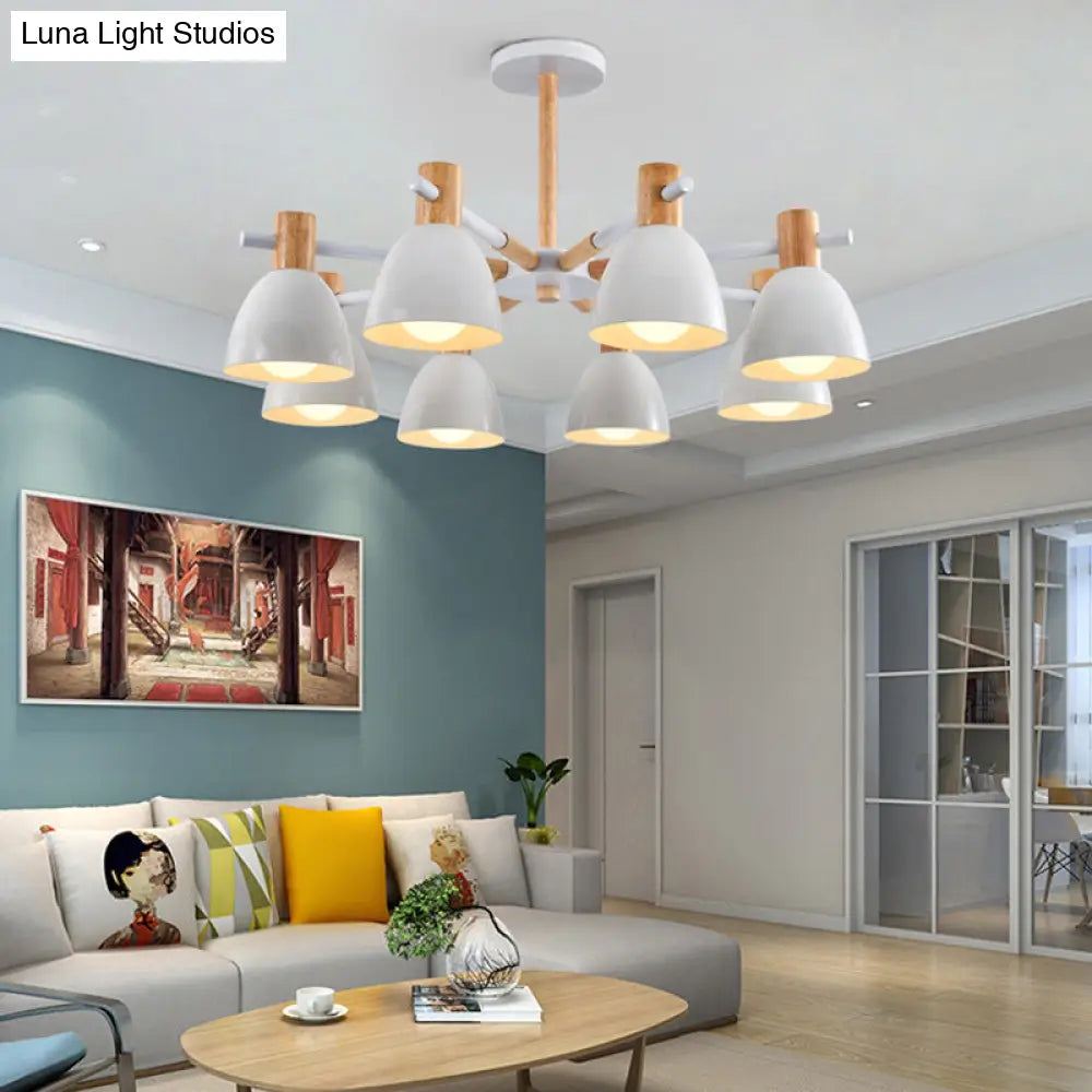 Metal Macaron Style Bell-Shaped Chandelier With Wood Accents: Stylish Ceiling Hang Light For Living