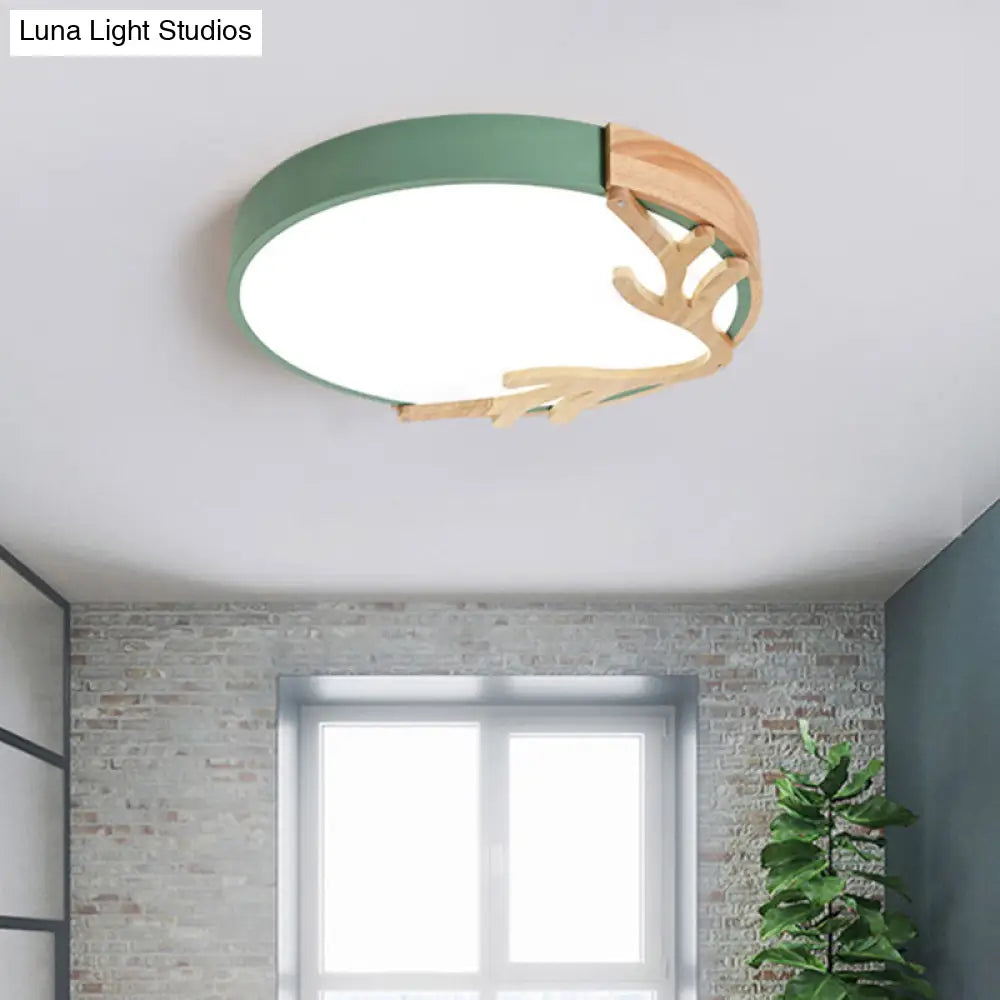 Metal Nordic Flush Mount Spotlight With Antlers - Round 1-Light Light Green / 12 White