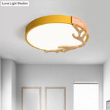 Metal Nordic Flush Mount Spotlight With Antlers - Round 1-Light Light Yellow / 12 White