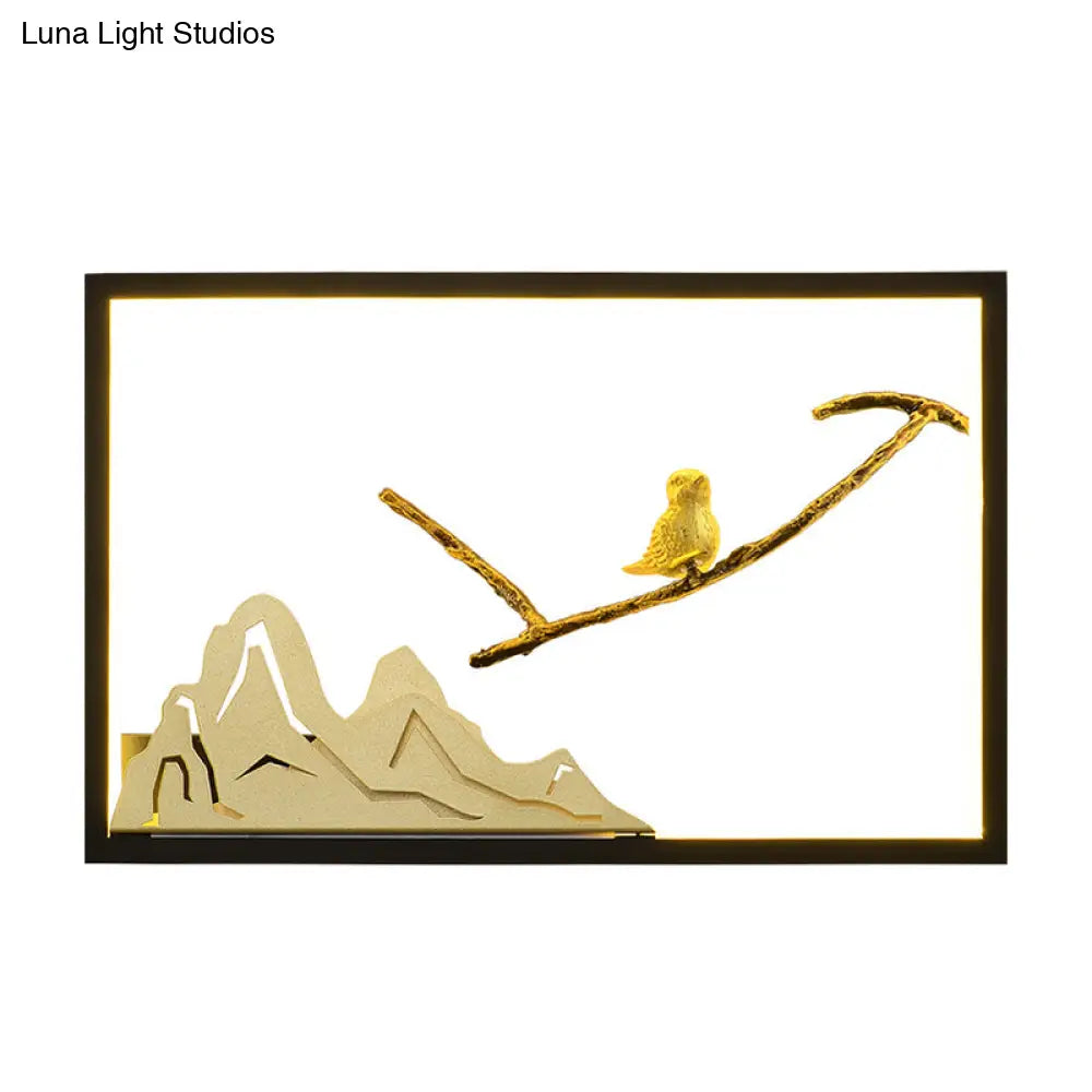 Metal Oriental Style Led Wall Light With Bird And Mountain Mural In Black