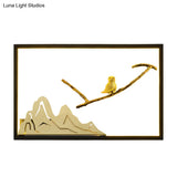 Metal Oriental Style Led Wall Light With Bird And Mountain Mural In Black