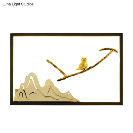 Metal Oriental Style Led Wall Light With Bird And Mountain Mural In Black