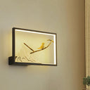 Metal Oriental Style Led Wall Light With Bird And Mountain Mural In Black