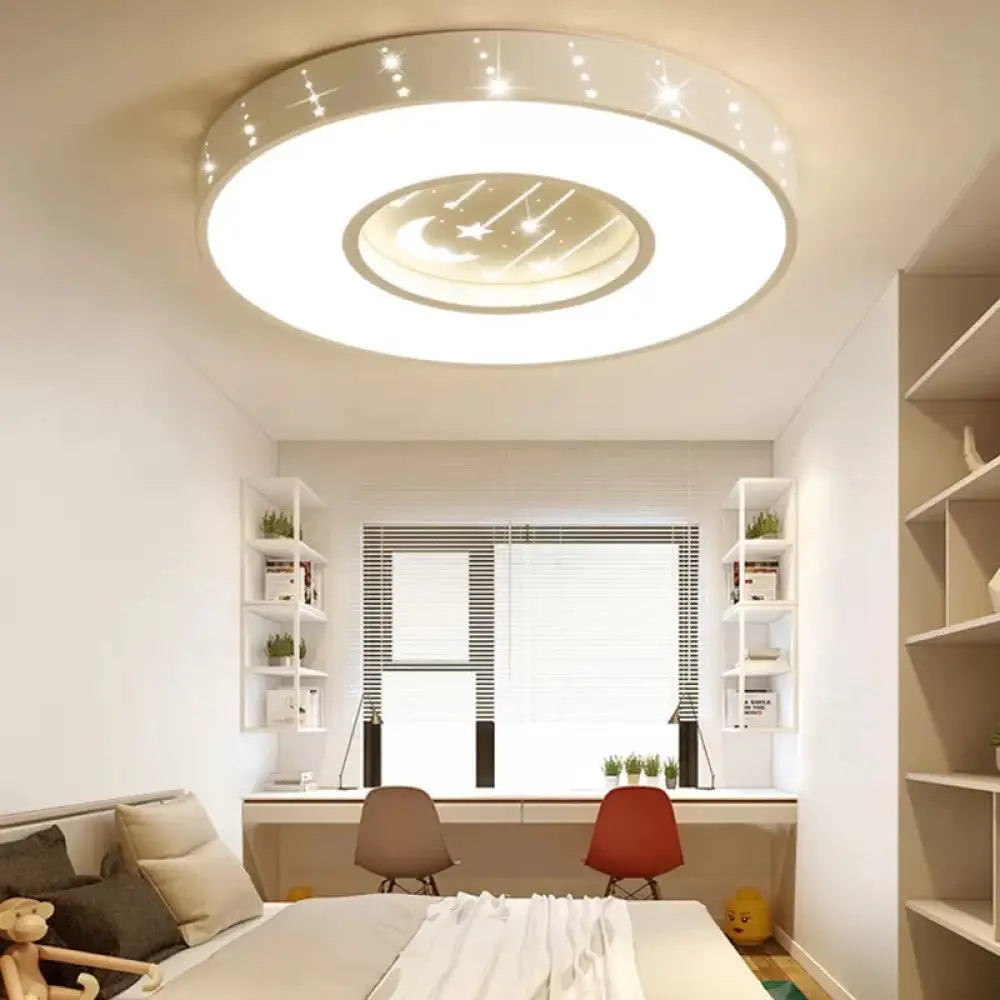 Metal Round Flush Light: Starry Ceiling Mount For Girls’ Bedroom In White /