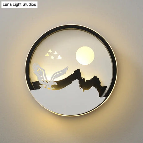 Metal Round Led Black Wall Lamp Sconce With Modernist Deer Girl Eagle And Windmill Design - Perfect