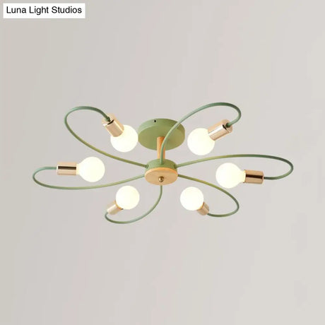 Metal Swirl Industrial Semi Flush Mount Lighting In Grey/Green - 3/6 Lights For Living Room Ceiling
