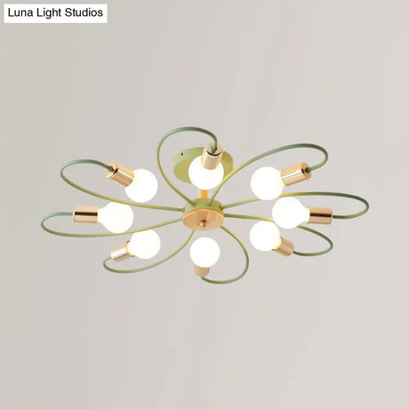 Metal Swirl Industrial Semi Flush Mount Lighting In Grey/Green - 3/6 Lights For Living Room Ceiling
