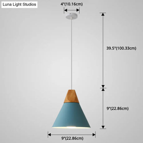 Metal Tapered Hanging Light - Nordic Style 1-Light Restaurant Pendant Lamp With Wooden Top
