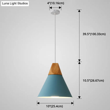 Metal Tapered Hanging Light - Nordic Style 1-Light Restaurant Pendant Lamp With Wooden Top