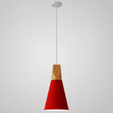 Metal Tapered Hanging Light - Nordic Style 1-Light Restaurant Pendant Lamp With Wooden Top Red /