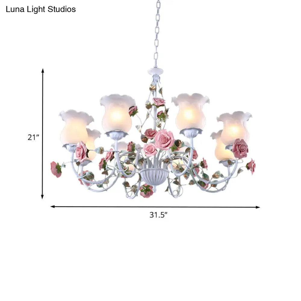 Metal White Chandelier With Curvy Arms - Pastoral Rose Down Lighting For Bedroom (3/5/6 Bulbs)