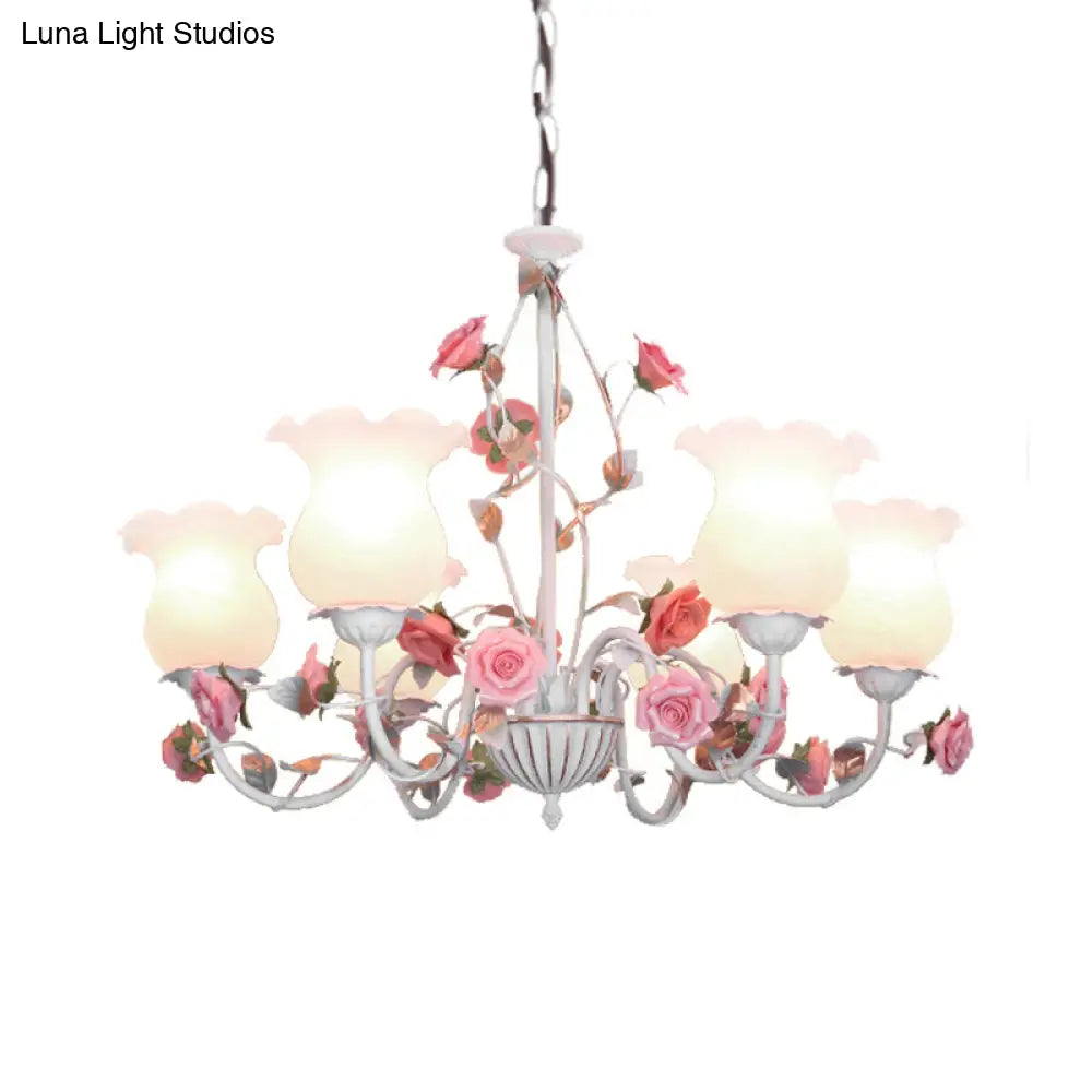 Metal White Chandelier With Curvy Arms - Pastoral Rose Down Lighting For Bedroom (3/5/6 Bulbs)