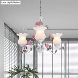 Metal White Chandelier With Curvy Arms - Pastoral Rose Down Lighting For Bedroom (3/5/6 Bulbs)
