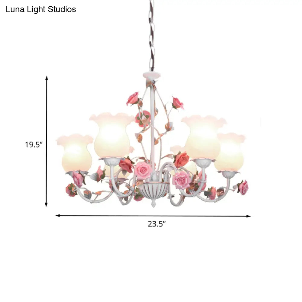 Metal White Chandelier With Curvy Arms - Pastoral Rose Down Lighting For Bedroom (3/5/6 Bulbs)