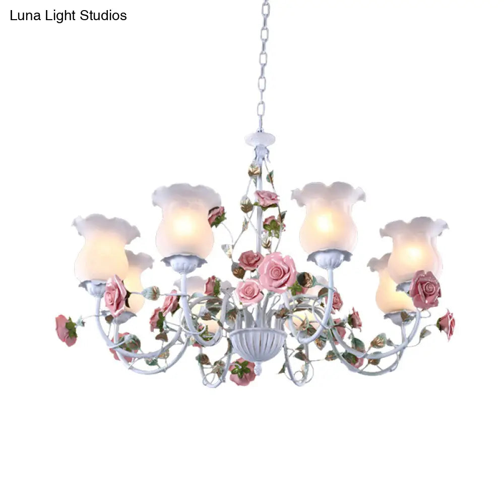Metal White Chandelier With Curvy Arms - Pastoral Rose Down Lighting For Bedroom (3/5/6 Bulbs)