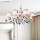 Metal White Chandelier With Curvy Arms - Pastoral Rose Down Lighting For Bedroom (3/5/6 Bulbs)