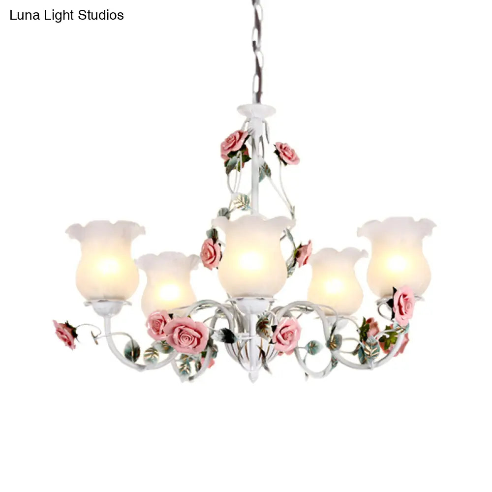 Metal White Chandelier With Curvy Arms - Pastoral Rose Down Lighting For Bedroom (3/5/6 Bulbs)