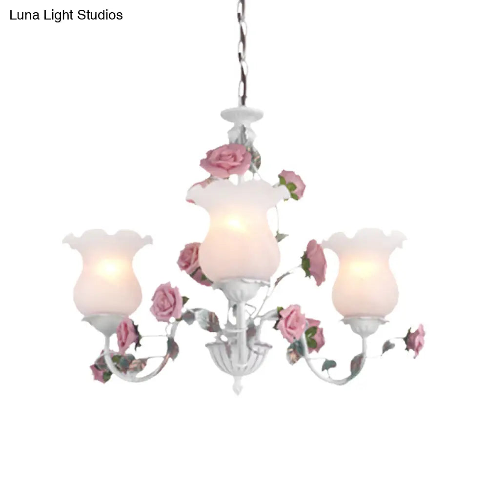 Metal White Chandelier With Curvy Arms - Pastoral Rose Down Lighting For Bedroom (3/5/6 Bulbs)