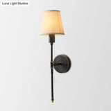 Metallic Black Sconce With Tapered Fabric Shade - Elegant Bedside Wall Fixture
