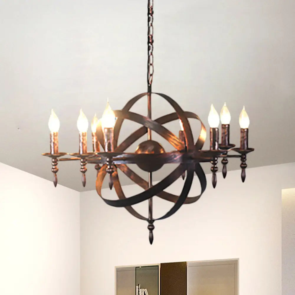Metallic Chandelier With Spherical Cage Shade - Vintage 6/8 Head Ceiling Light For Restaurants In