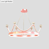 Metallic Crown Led Chandelier With Crystal Bead Décor - Nordic Style Pendant Lighting (Pink/Gold)
