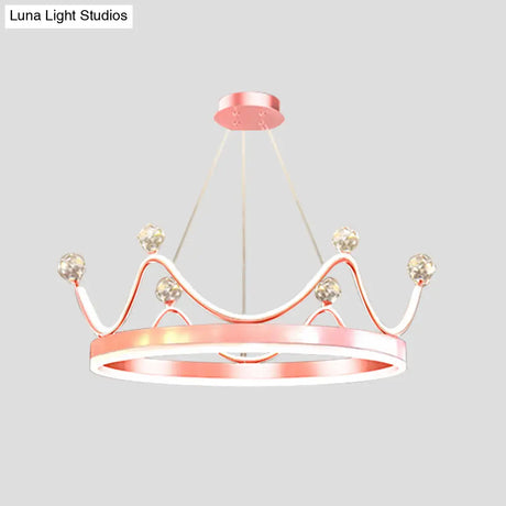 Metallic Crown Led Chandelier With Crystal Bead Décor - Nordic Style Pendant Lighting (Pink/Gold)