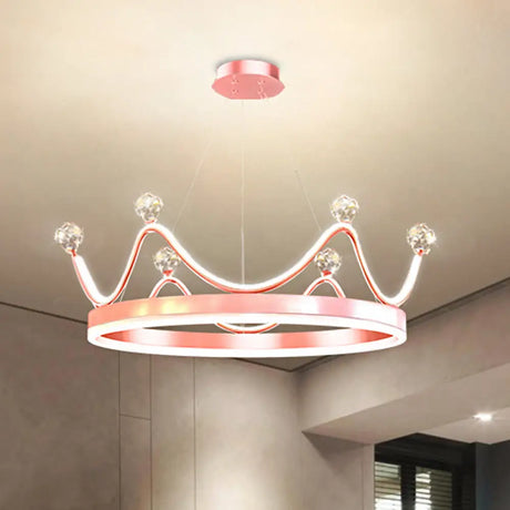 Metallic Crown Led Chandelier With Crystal Bead Décor - Nordic Style Pendant Lighting (Pink/Gold)
