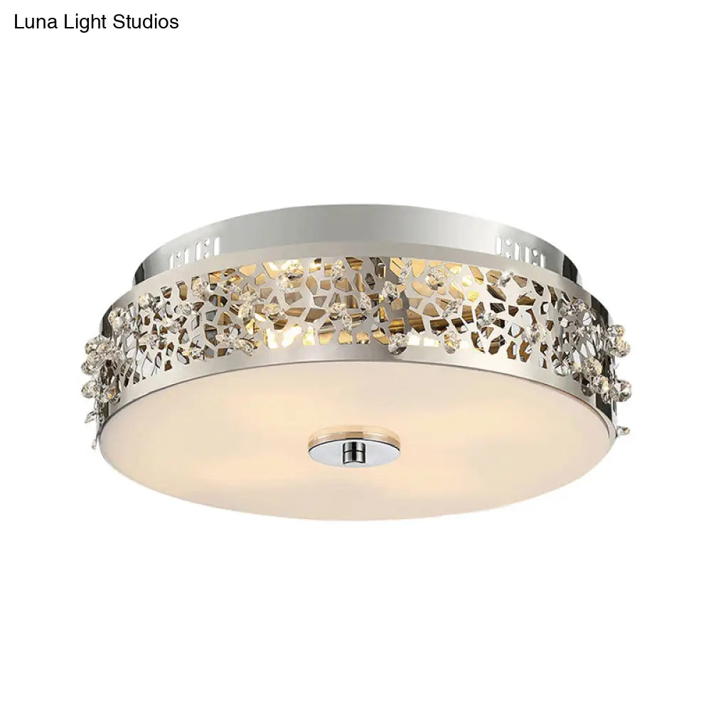 Metallic Drum Flush Lamp With Crystal Accents - 4 - Light Contemporary Ceiling Mount