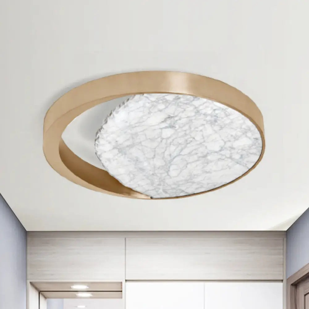 Metallic Gold Led Round Flush Mount Light Fixture With Marble Design For Balcony