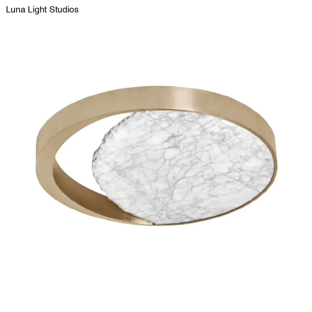Metallic Gold Led Round Flush Mount Light Fixture With Marble Design For Balcony
