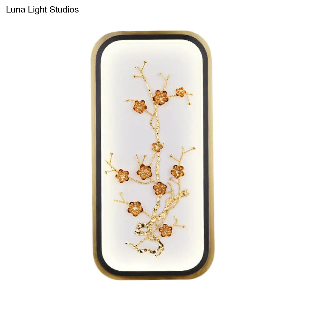 Metallic Gold Led Wall Mounted Light Fixture - Oriental Style Plum Blossom Mural Design
