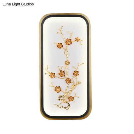 Metallic Gold Led Wall Mounted Light Fixture - Oriental Style Plum Blossom Mural Design