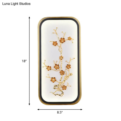 Metallic Gold Led Wall Mounted Light Fixture - Oriental Style Plum Blossom Mural Design