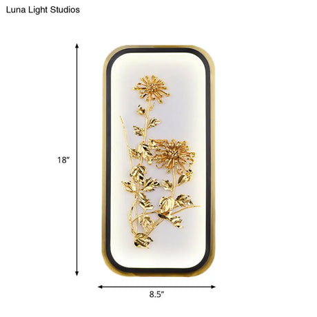 Metallic Gold Led Wall Mounted Light Fixture - Oriental Style Plum Blossom Mural Design