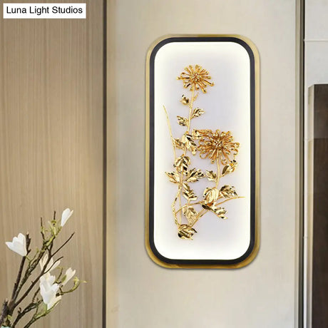 Metallic Gold Led Wall Mounted Light Fixture - Oriental Style Plum Blossom Mural Design