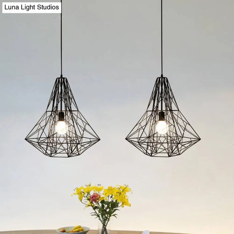 Metallic Industrial Cage Diamond Pendant Lighting - Black/White 1 Head For Dining Room 16’/19.5’ Dia