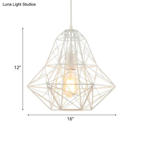 Metallic Industrial Cage Diamond Pendant Lighting - Black/White 1 Head For Dining Room 16’/19.5’ Dia