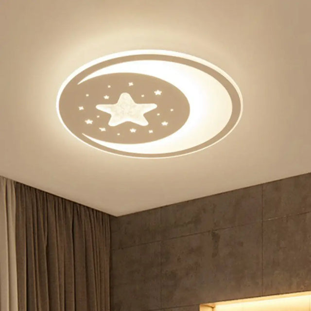 Metallic Led Flush Mount Ceiling Light For Kids Bedroom Modern White Crescent And Star Design
