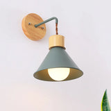 Metallic Nordic Wall Sconce With Wooden Cap - Stylish Cone Shade 1 Light Blue/Pink/White Green