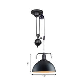 Black Dome Hanging Light - Warehouse Style Metallic Pendant With Pulley Design 8/12 Width