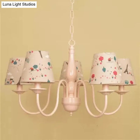 Metallic Pink Finish Chandelier With Tapered Shade - Nursing Room And Kids Suspension Light