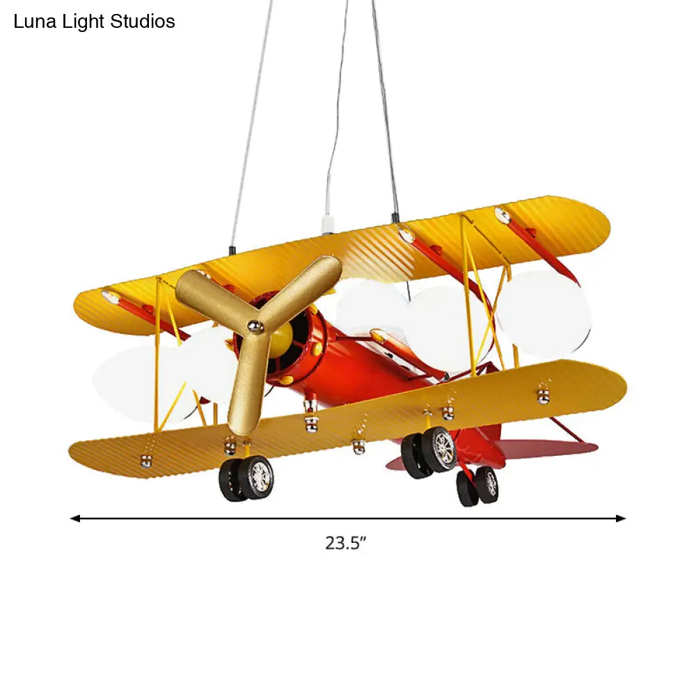 Metallic Propeller Plane Chandelier - 5 Light Cartoon Suspension In Yellow & Red