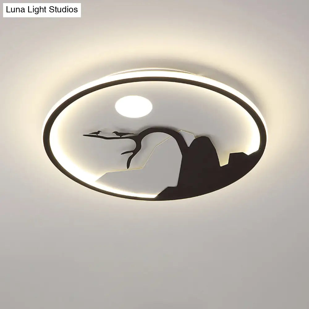 Metallic Round Asian Style Led Wall Mounted Light With Moon And Bird/Lotus Pattern - Black